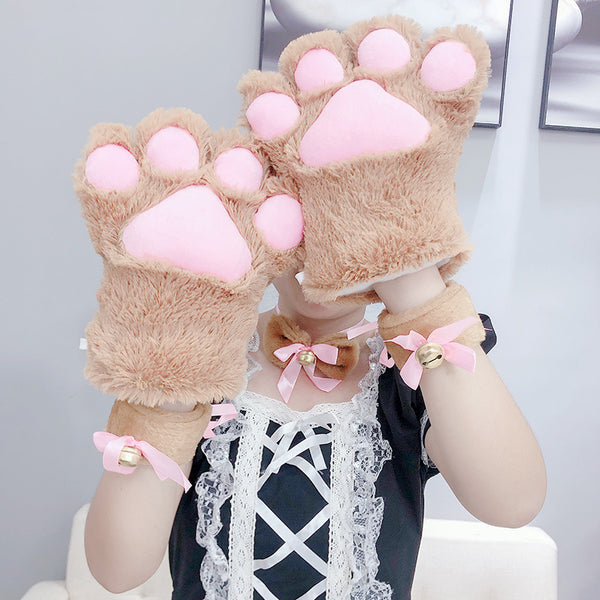 Yirico Brown Faux Fur Cute Cat Paw Gloves Costume Accessory Set