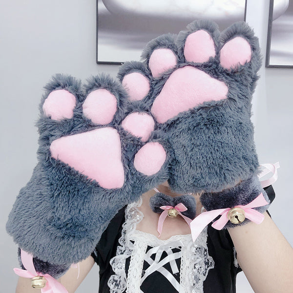 Gray Faux Fur Cute Cat Paw Gloves Costume Accessory Set