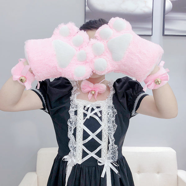 Yirico Pink Faux Fur Cute Cat Paw Gloves Costume Accessory Set