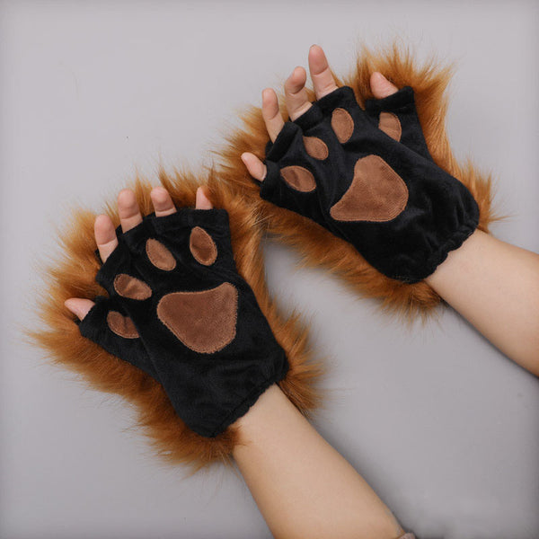 Brown Faux Fur Cat Paw Fingerless Gloves Costume Accessory Sets