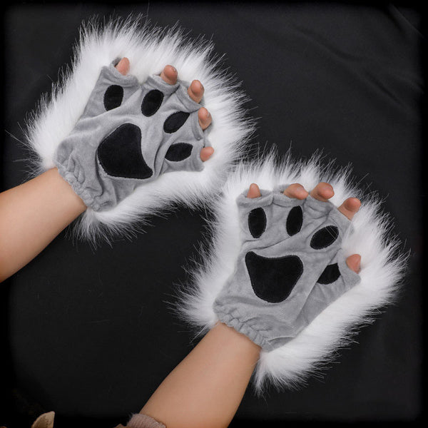 Yirico White Faux Fur Cat Paw Fingerless Gloves Costume Accessory Set