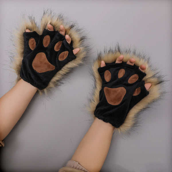 Yirico Light Brown Faux Fur Cat Paw Fingerless Gloves Costume Accessory Set