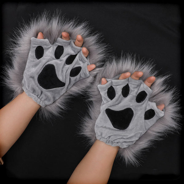 Gray Faux Fur Cat Paw Fingerless Gloves Costume Accessory Set