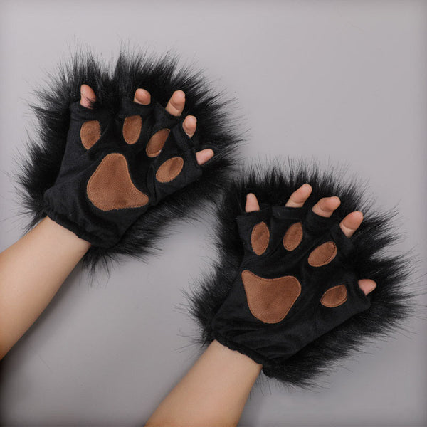Yirico Black Faux Fur Cat Paw Fingerless Gloves Costume Accessory Set