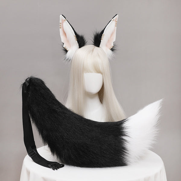 Yirico Anubis The God Of The Egyptians White Black Faux Fur Ear&Tail Cosplay Costume Suit With Earring