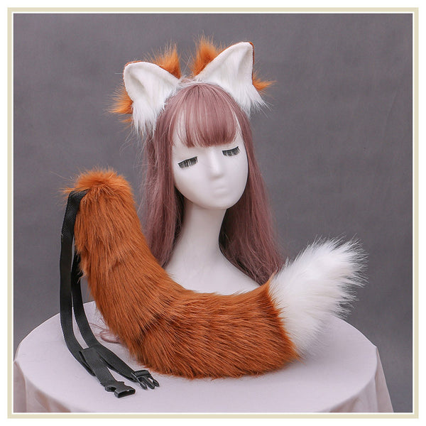 Brown White Faux Fur Fox Ears&Tails Animal Cosplay Costume Suit