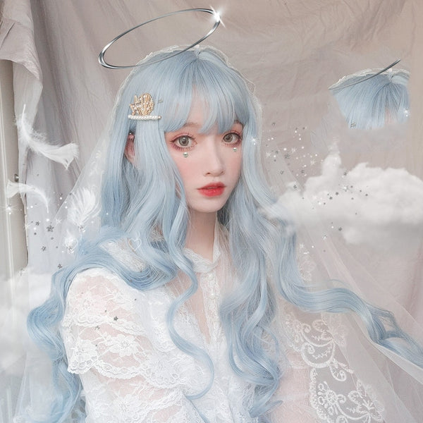 MANWEI Lolita Long Curly Blue Ombre Heat Resistant Bangs Cute Party Synthetic Cosplay Wig