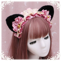 Black Pink Faux Fur Lolita Headband Cat Ears Dog Ears Fox Ears With Lace Ribbon Bell (7 Colors)