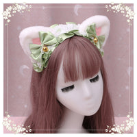 White Pink Faux Fur Lolita Headband Cat Ears Dog Ears Fox Ears With Lace Ribbon Bell (7 Colors)